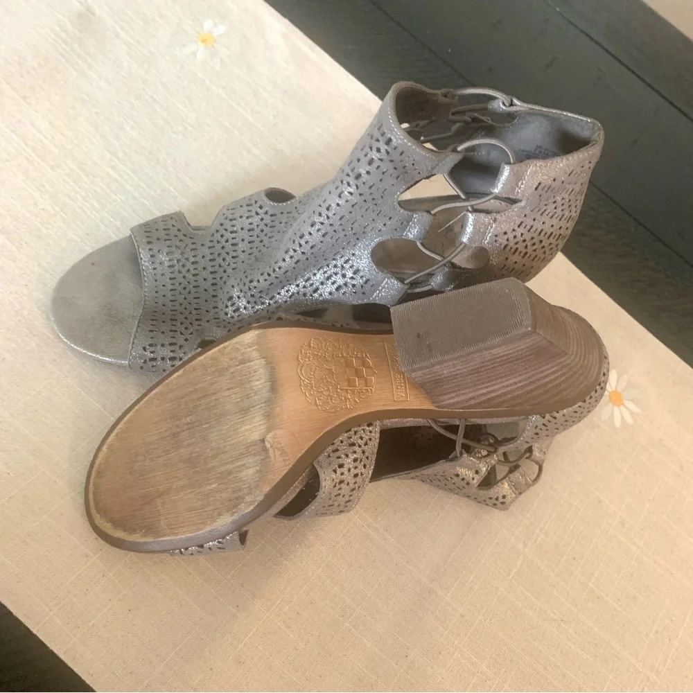Vince Camuto Lasercut Silver Stacked Heel Sandal - Picture 8 of 9